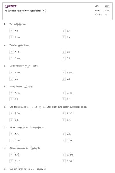 75 câu trắc nghiệm Giới hạn cơ bản (P1)