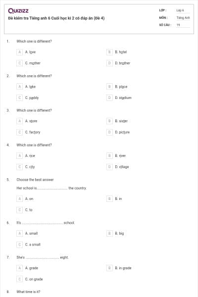 Đề kiểm tra Tiếng anh 6 Cuối học kì 2 có đáp án (Đề 4)