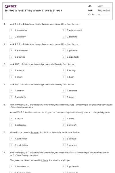 Bộ 15  Đề thi học kì 1 Tiếng anh mới 11 có đáp án - Đề 3