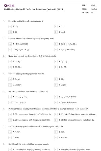 Đề kiểm tra giữa học kì 2 môn Hoá 9 có đáp án (Mới nhất) (Đề 20)