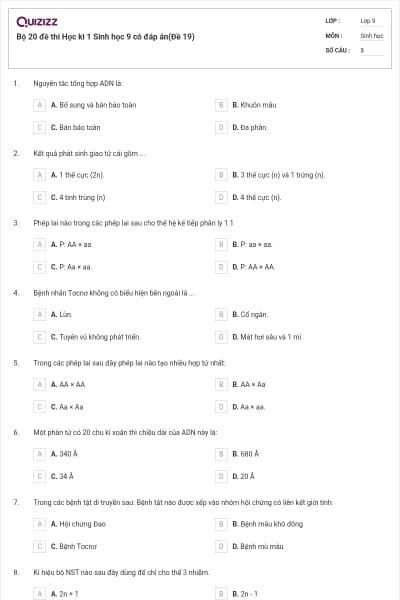 Bộ 20 đề thi Học kì 1 Sinh học 9 có đáp án(Đề 19)