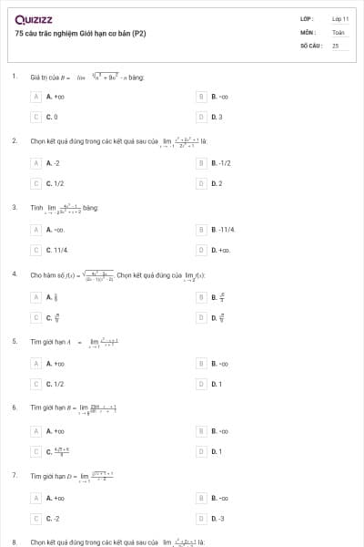 75 câu trắc nghiệm Giới hạn cơ bản (P2)