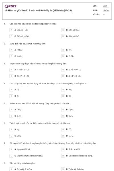 Đề kiểm tra giữa học kì 2 môn Hoá 9 có đáp án (Mới nhất) (Đề 23)