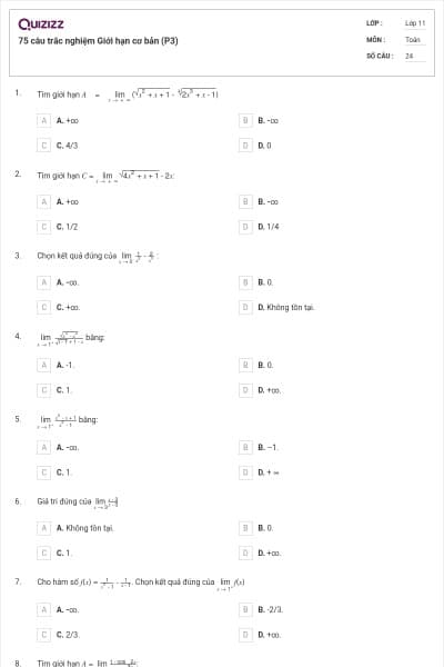75 câu trắc nghiệm Giới hạn cơ bản (P3)