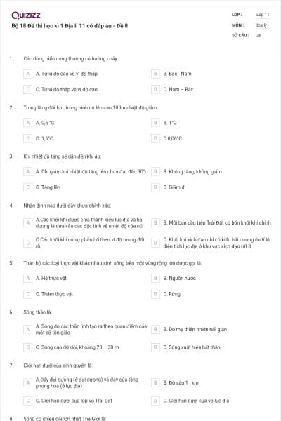 Bộ 18 Đề thi học kì 1 Địa lí 11 có đáp án - Đề 8