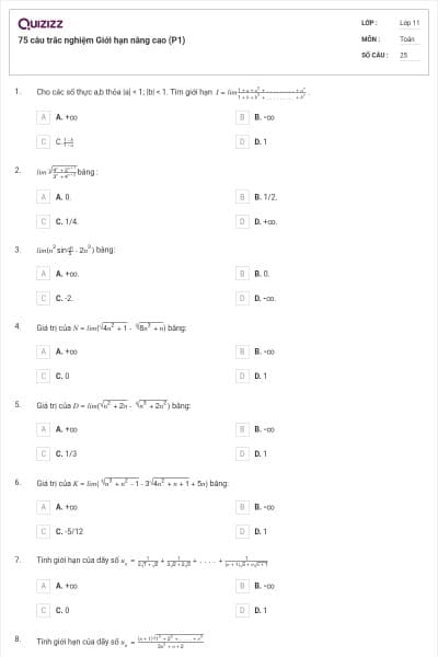 75 câu trắc nghiệm Giới hạn nâng cao (P1)