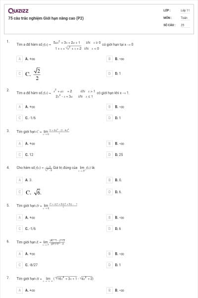 75 câu trắc nghiệm Giới hạn nâng cao (P2)