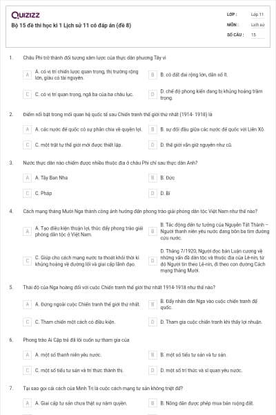 Bộ 15 đề thi học kì 1 Lịch sử 11 có đáp án (đề 8)