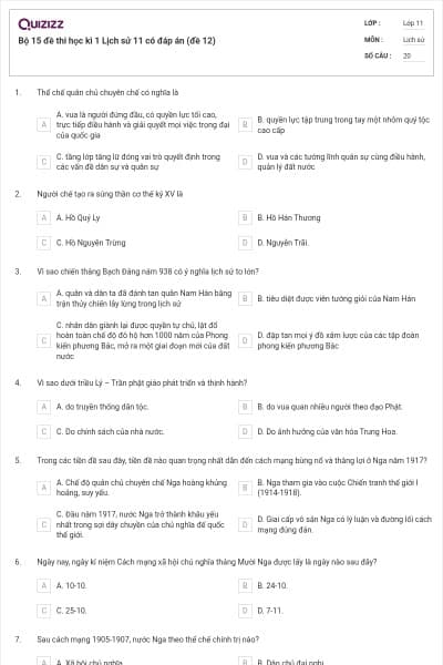 Bộ 15 đề thi học kì 1 Lịch sử 11 có đáp án (đề 12)