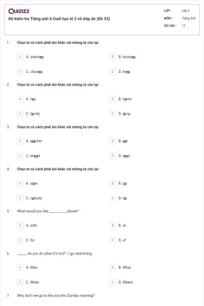 Đề kiểm tra Tiếng anh 6 Cuối học kì 2 có đáp án (Đề 33)