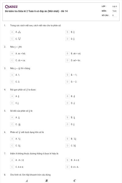 Đề kiểm tra Giữa kì 2 Toán 6 có đáp án (Mới nhất) - Đề 14