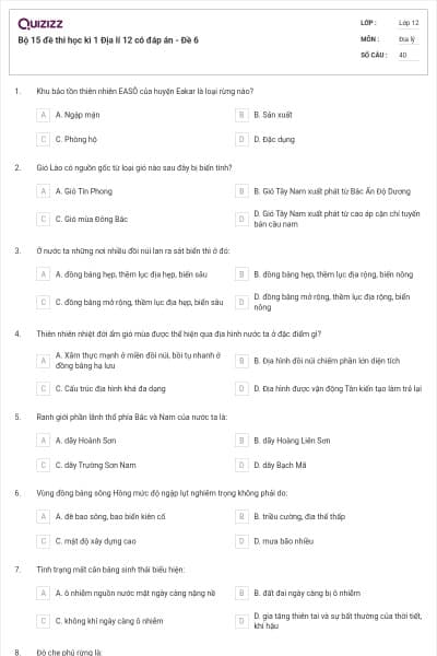 Bộ 15 đề thi học kì 1 Địa lí 12 có đáp án - Đề 6