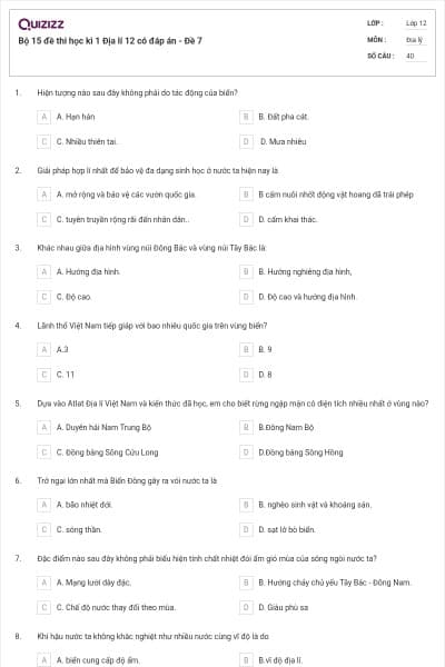 Bộ 15 đề thi học kì 1 Địa lí 12 có đáp án - Đề 7