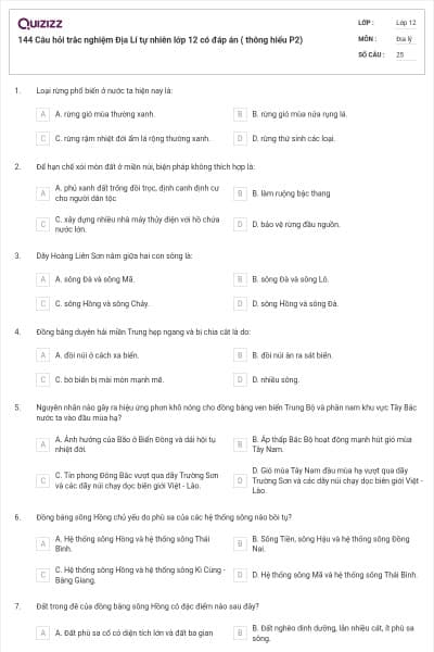 144  Câu hỏi trắc nghiệm Địa Lí tự nhiên lớp 12 có đáp án ( thông hiểu P2)