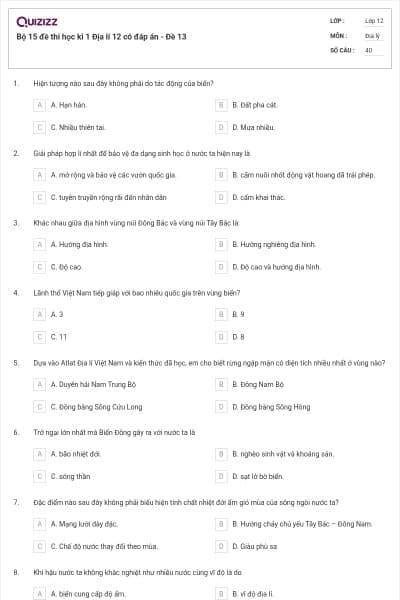 Bộ 15 đề thi học kì 1 Địa lí 12 có đáp án - Đề 13