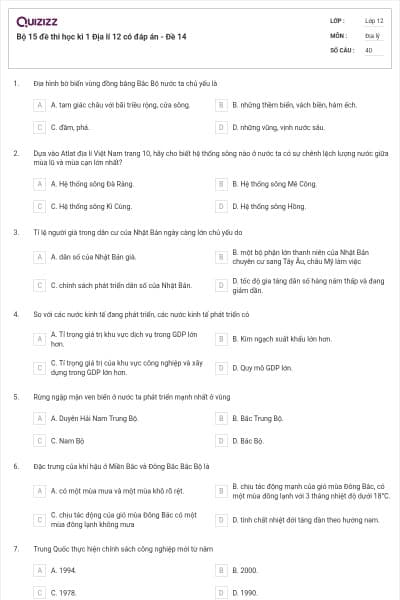 Bộ 15 đề thi học kì 1 Địa lí 12 có đáp án - Đề 14