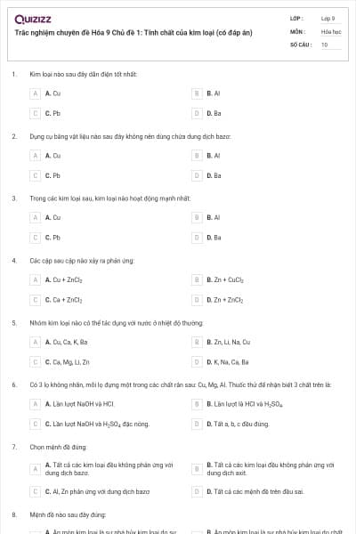 Trắc nghiệm chuyên đề Hóa 9 Chủ đề 1: Tính chất của kim loại (có đáp án)