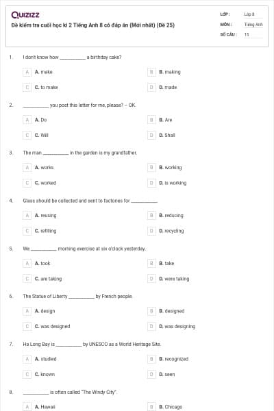 Đề kiểm tra cuối học kì 2 Tiếng Anh 8 có đáp án (Mới nhất) (Đề 25)