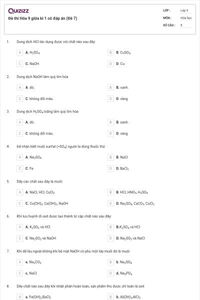 Đề thi Hóa 9 giữa kì 1 có đáp án (Đề 7)