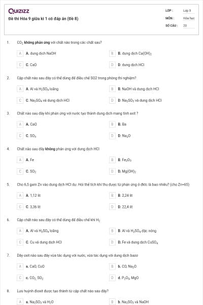Đề thi Hóa 9 giữa kì 1 có đáp án (Đề 8)