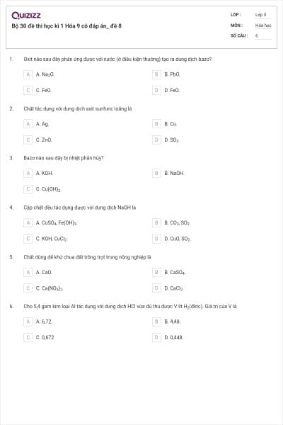 Bộ 30 đề thi học kì 1 Hóa 9 có đáp án_ đề 8