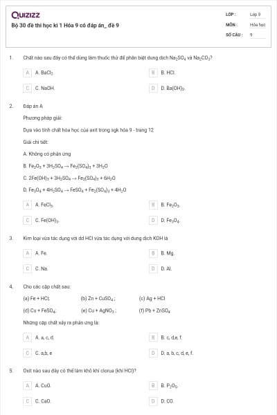 Bộ 30 đề thi học kì 1 Hóa 9 có đáp án_ đề 9