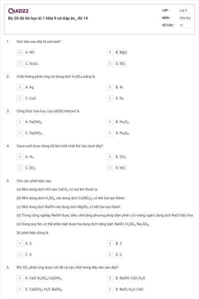 Bộ 30 đề thi học kì 1 Hóa 9 có đáp án_ đề 14