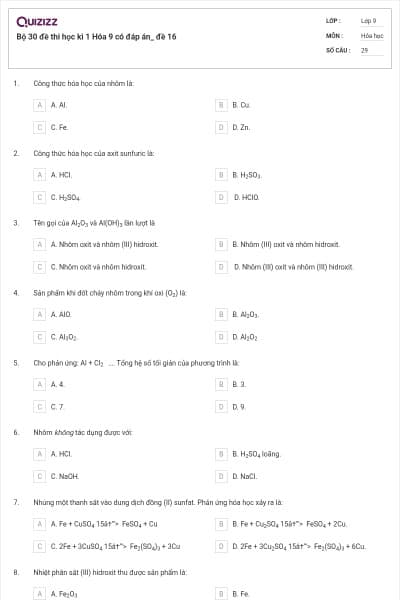 Bộ 30 đề thi học kì 1 Hóa 9 có đáp án_ đề 16