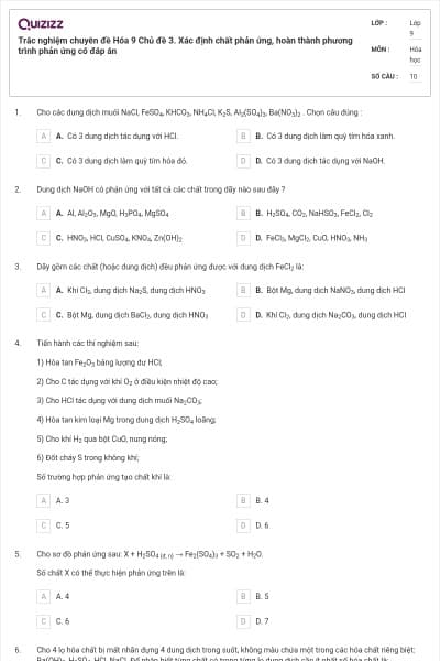 Trắc nghiệm chuyên đề Hóa 9 Chủ đề 3. Xác định chất phản ứng, hoàn thành phương trình phản ứng có đáp án