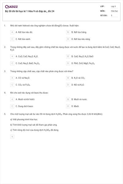 Bộ 30 đề thi học kì 1 Hóa 9 có đáp án_ đề 24