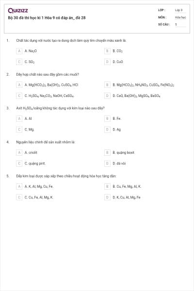 Bộ 30 đề thi học kì 1 Hóa 9 có đáp án_ đề 28