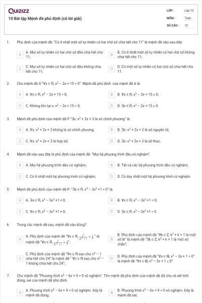 10 Bài tập Mệnh đề phủ định (có lời giải)