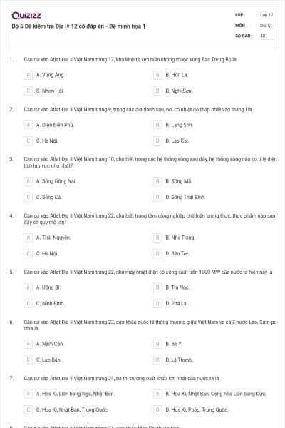 Bộ 5  Đề kiểm tra Địa lý 12 có đáp án - Đề minh họa 1