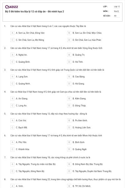 Bộ 5  Đề kiểm tra Địa lý 12 có đáp án - Đề minh họa 2
