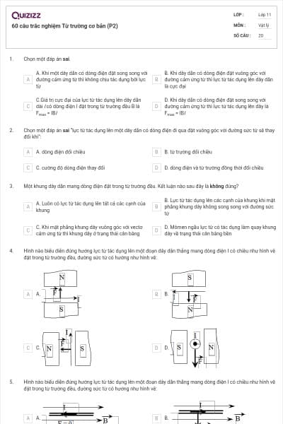 60 câu trắc nghiệm Từ trường cơ bản (P2)