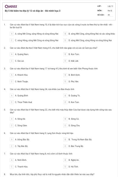 Bộ 5  Đề kiểm tra Địa lý 12 có đáp án - Đề minh họa 3