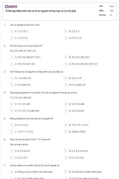 10 Bài tập Nhận biết một số là số nguyên tố hay hợp số (có lời giải)