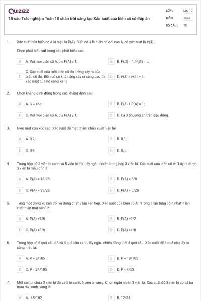 15 câu  Trắc nghiệm Toán 10  chân trời sáng tạo Xác suất của biến cố có đáp án
