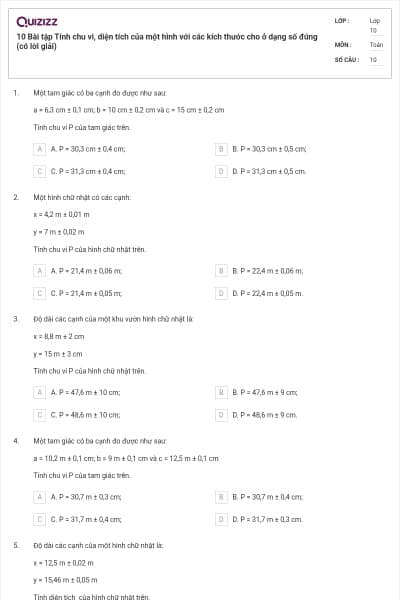 10 Bài tập Tính chu vi, diện tích của một hình với các kích thước cho ở dạng số đúng (có lời giải)