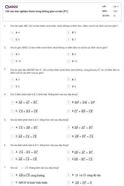 100 câu trắc nghiệm Vecto trong không gian cơ bản (P1)