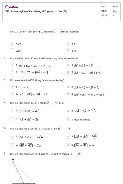 100 câu trắc nghiệm Vecto trong không gian cơ bản (P2)