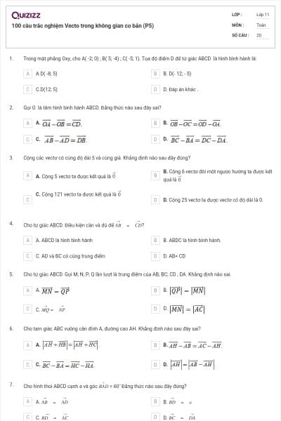 100 câu trắc nghiệm Vecto trong không gian cơ bản (P5)