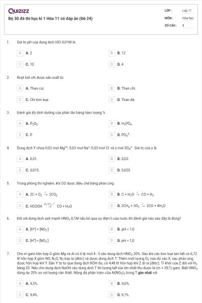 Bộ 30 đề thi học kì 1 Hóa 11 có đáp án (Đề 24)