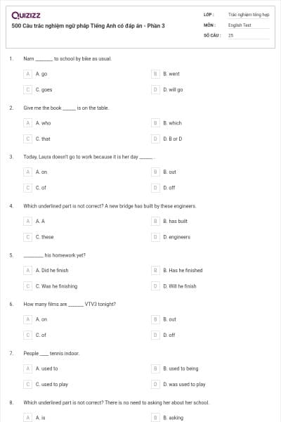 500 Câu trắc nghiệm ngữ pháp Tiếng Anh có đáp án - Phần 3
