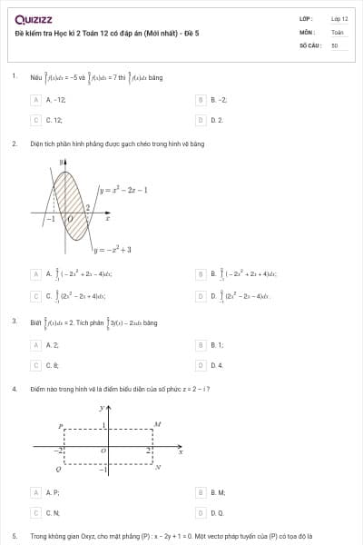 Đề kiểm tra Học kì 2 Toán 12 có đáp án (Mới nhất) - Đề 5