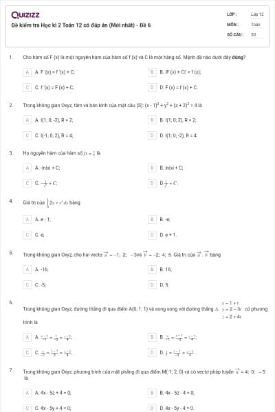 Đề kiểm tra Học kì 2 Toán 12 có đáp án (Mới nhất) - Đề 6