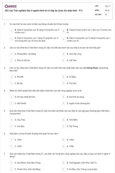 362 câu Trắc nghiệm Địa lí ngành kinh tế có đáp án (mức độ nhận biết - P1)