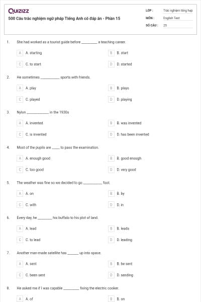 500 Câu trắc nghiệm ngữ pháp Tiếng Anh có đáp án - Phần 15