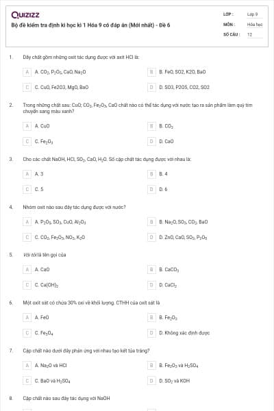 Bộ đề kiểm tra định kì học kì 1 Hóa 9 có đáp án (Mới nhất) - Đề 6