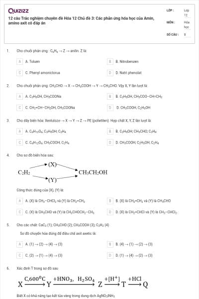 12 câu Trắc nghiệm chuyên đề Hóa 12 Chủ đề 3: Các phản ứng hóa học của Amin, amino axit có đáp án